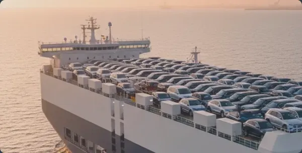 Vehicles loaded on a roll-on/roll-off cargo ship at sunset