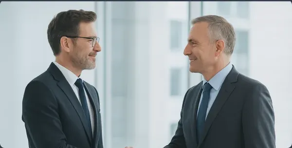 Two brokers talking in an office lobby
