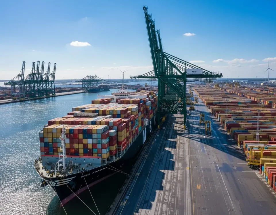Container ship being loaded with vehicles for export