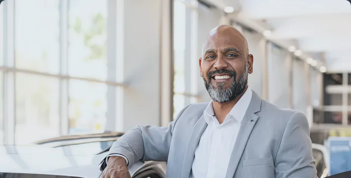 Finance professional smiling in a bright office