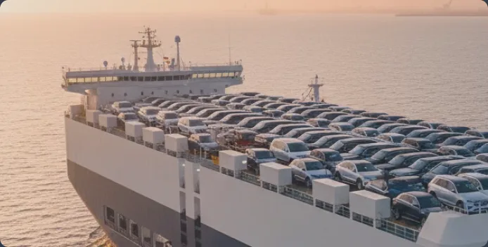 Vehicles loaded on a roll-on/roll-off cargo ship at sunset