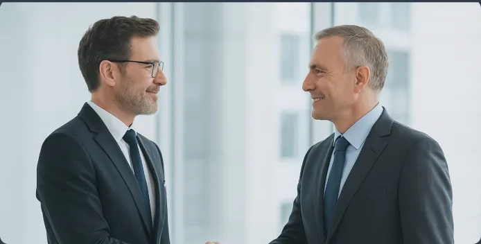 Two brokers talking in an office lobby