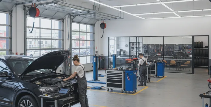 Technicians working on vehicles inside a service centre