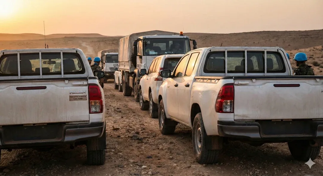 UN convoy of white pickup trucks crossing the desert