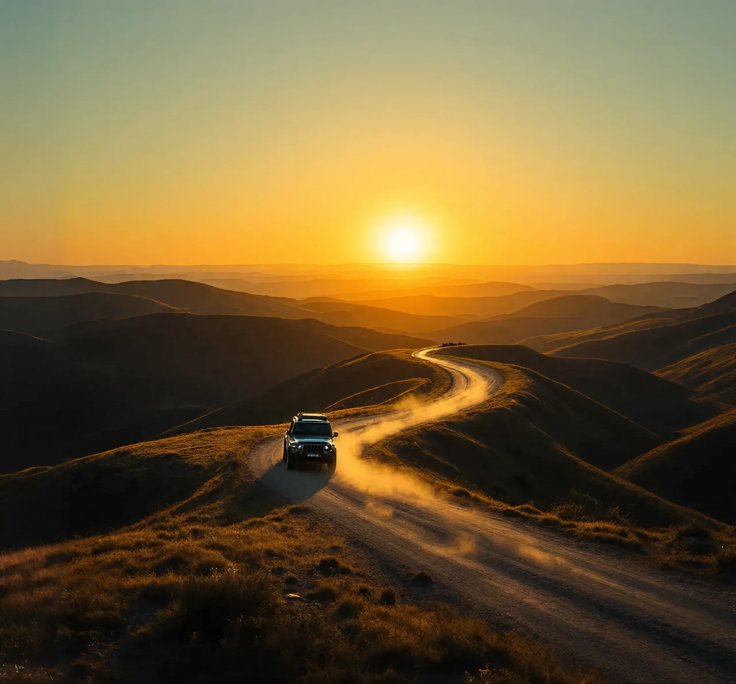 SUV driving on a winding mountain road at sunset