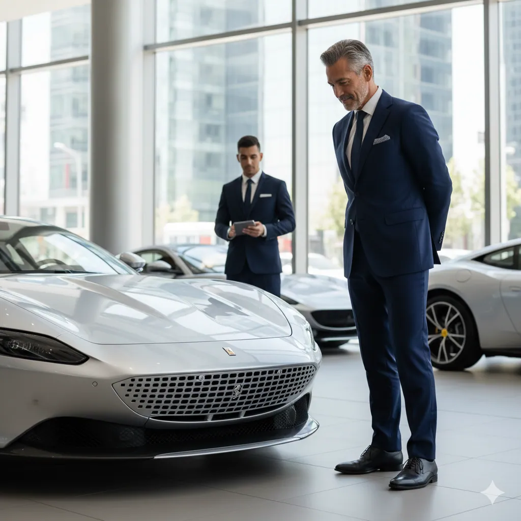 Salesperson presenting a sports car in a showroom