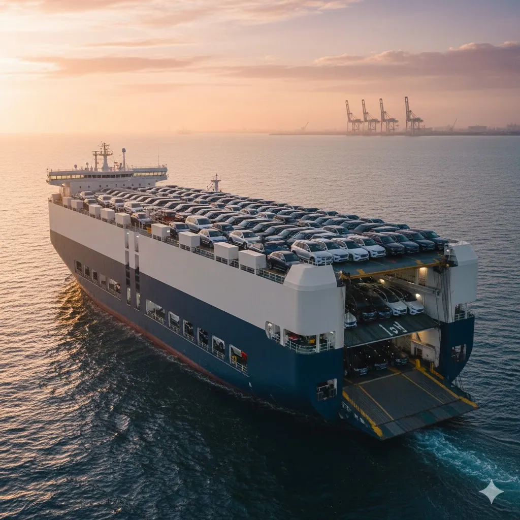 Car carrier ship loaded with vehicles
